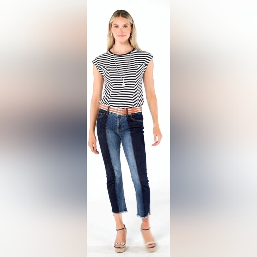 CAbi Hi-Low Two-Tone Cropped Jeans-Size 10